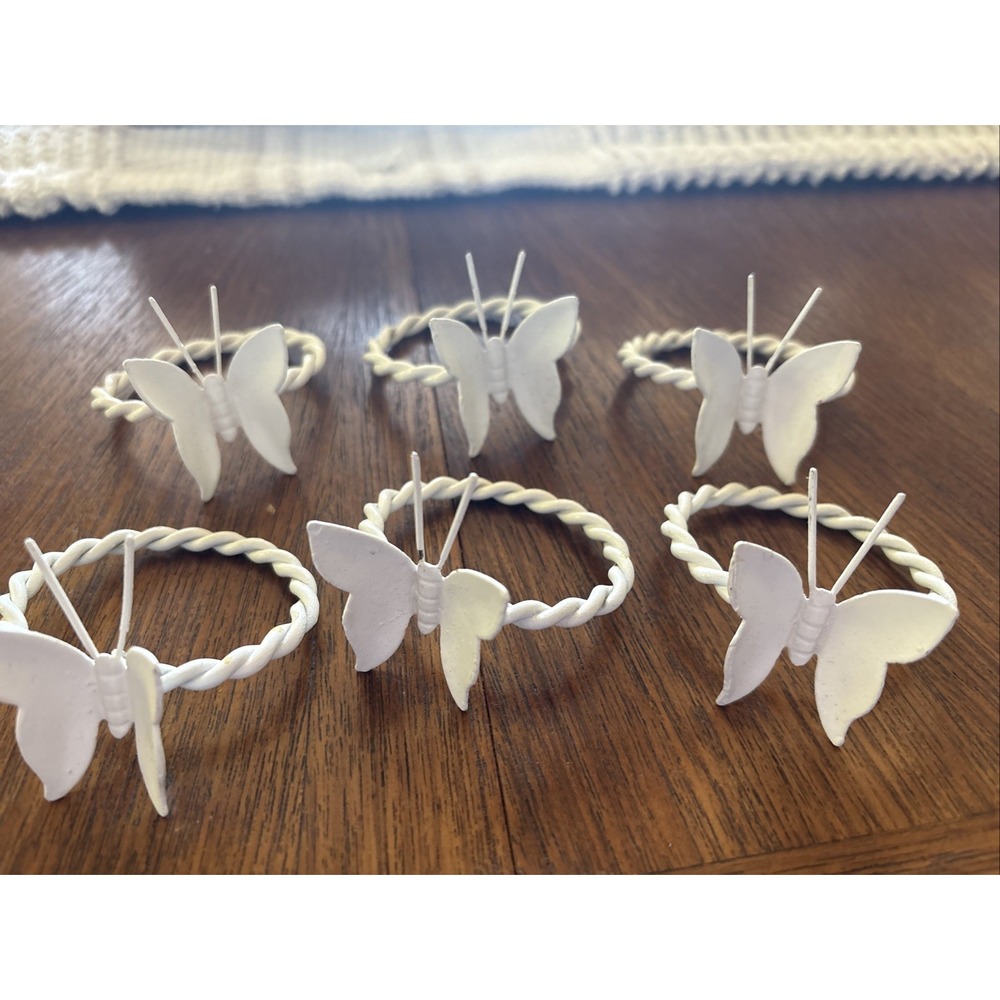 6 Vintage Metal White Butterfly Napkin Rings